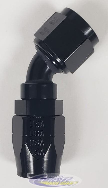 -6 45&ordm; Double Swivel Hose End - Aluminum - Black Anodized